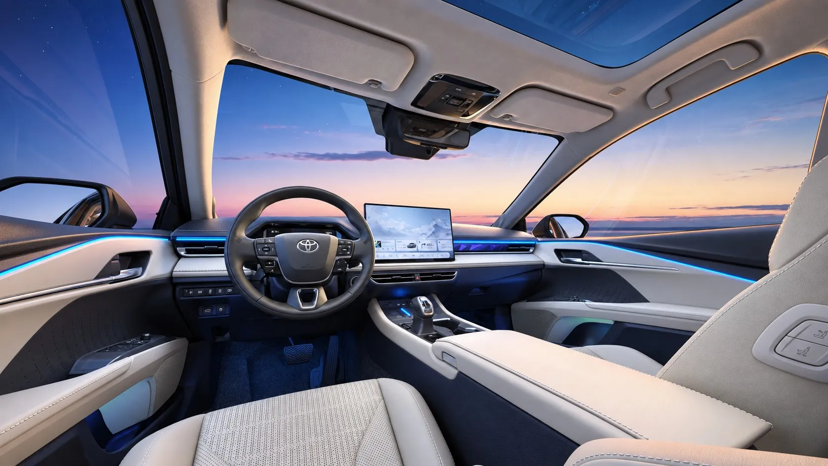 Салон Toyota Camry с панорамной крышей и контурной подсветкой